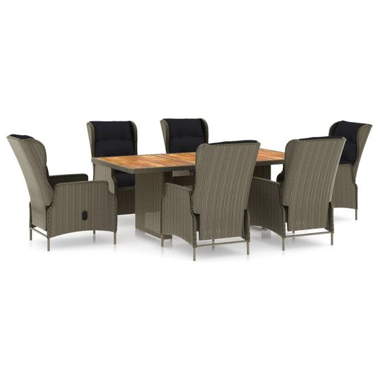 Ensemble à manger d'extérieur et coussins 7 pcs résine tressée