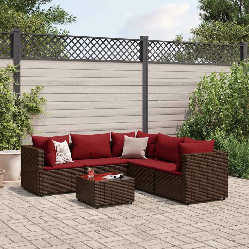 Salon de jardin 6 pcs avec coussins marron résine tressée