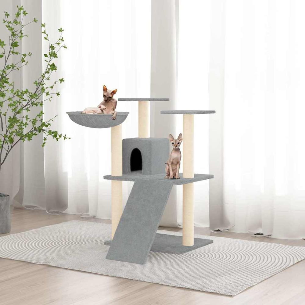 Arbre à chat multi-niveaux en sisal avec niche et hamac gris 83 cm