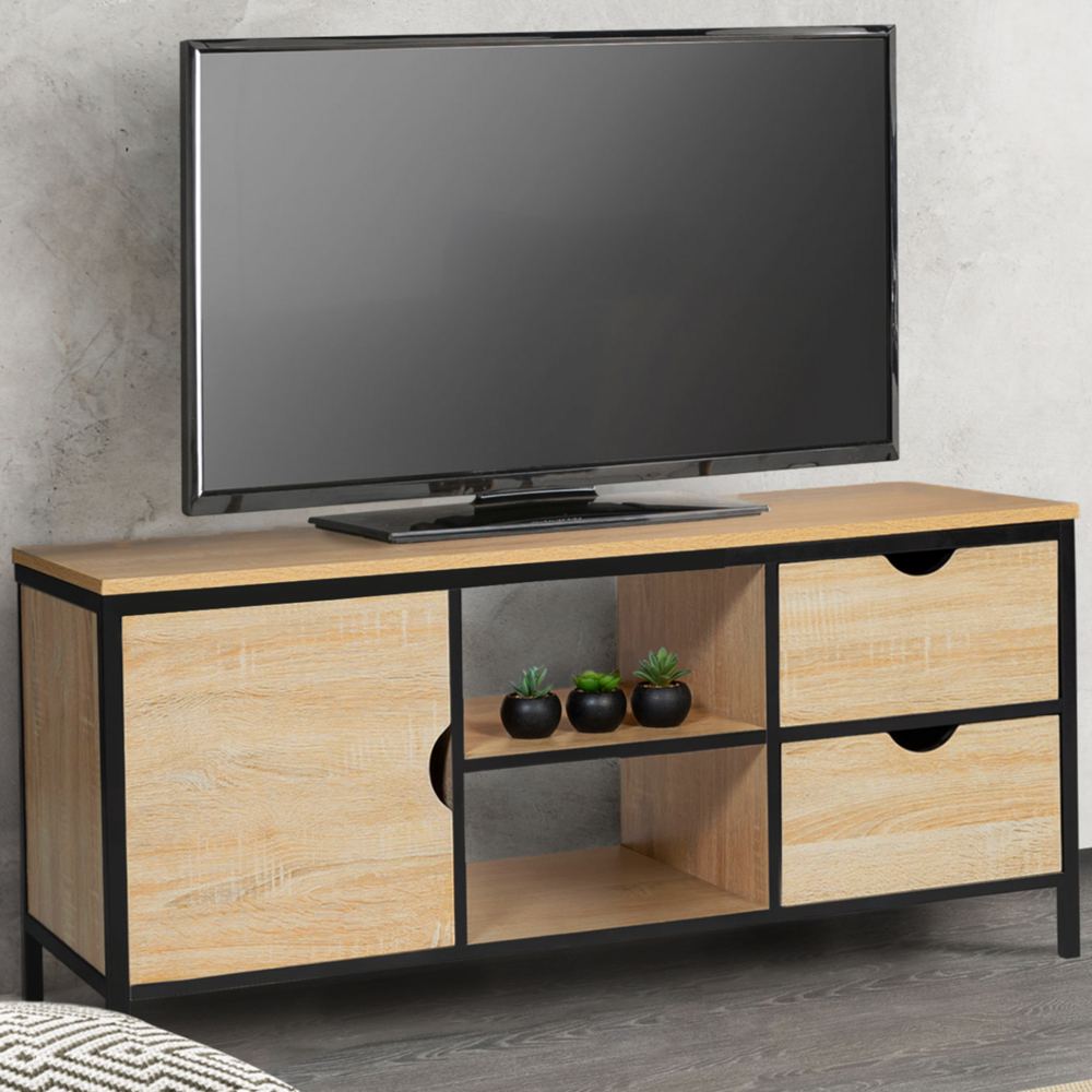 Meuble tv 113 cm detroit 2 tiroirs avec placard design industriel