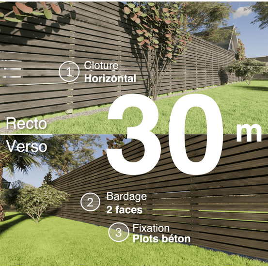 Kit clôture bois moderne 30m – h 1,9m – 20 x 70 mm noir par trempage – pose horizontal – double face – à sceller