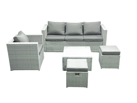 6 places salon de jardin avec canapé 3 places chaise table basse carrée grand tabouret gris clair mixte