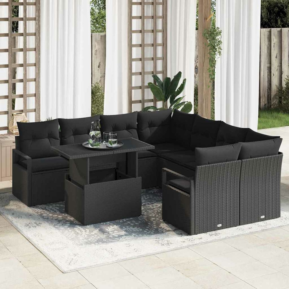 Ensemble de canapé de jardin avec coussin 9 pcs noir poly rotin