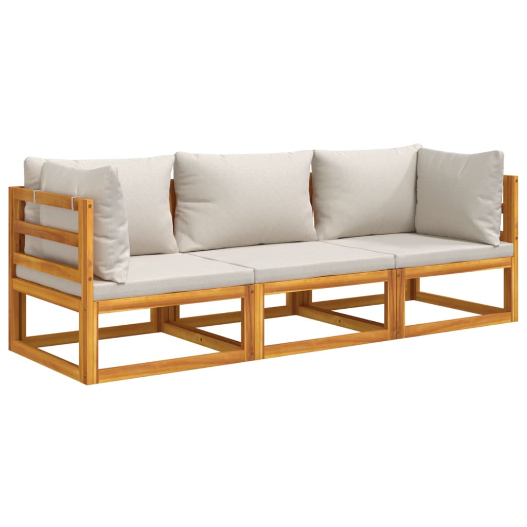 Salon de jardin meuble d'extérieur ensemble de mobilier 3 pièces avec coussins gris clair bois massif