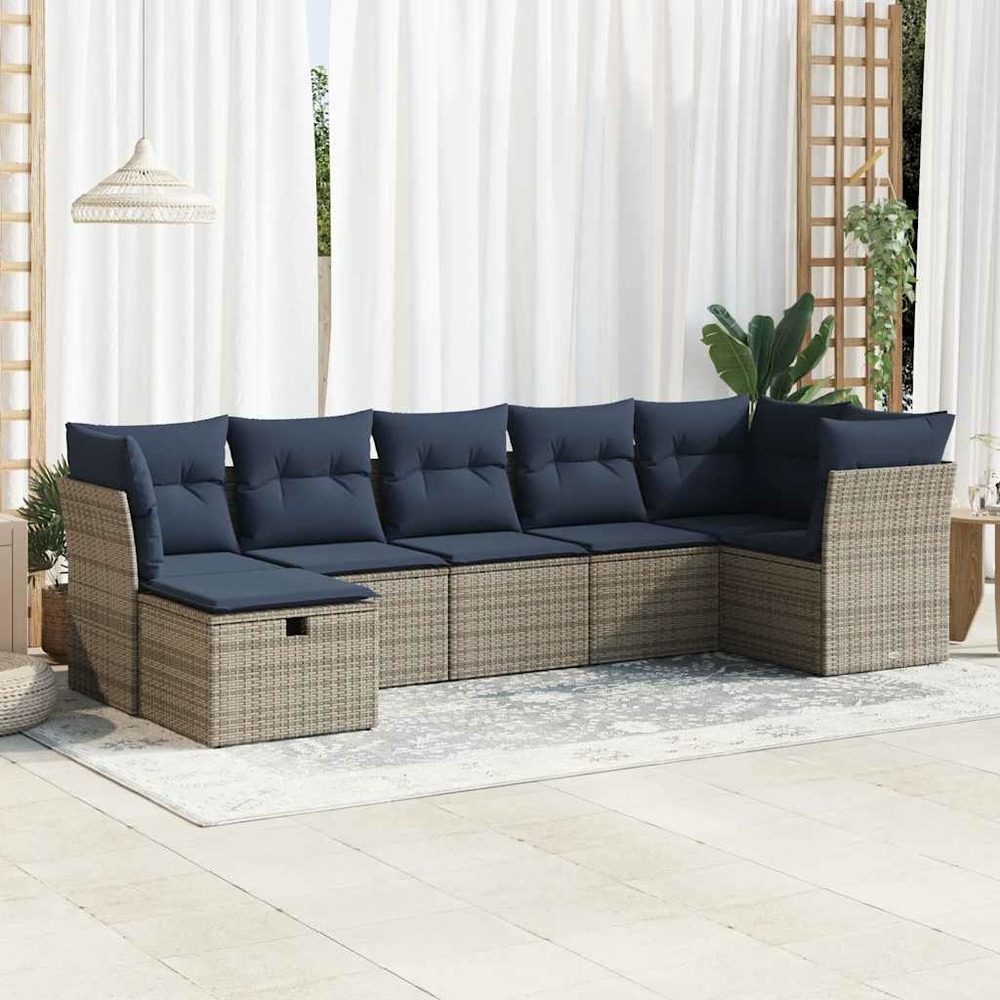 Salon de jardin avec coussins 7 pcs gris résine tressée