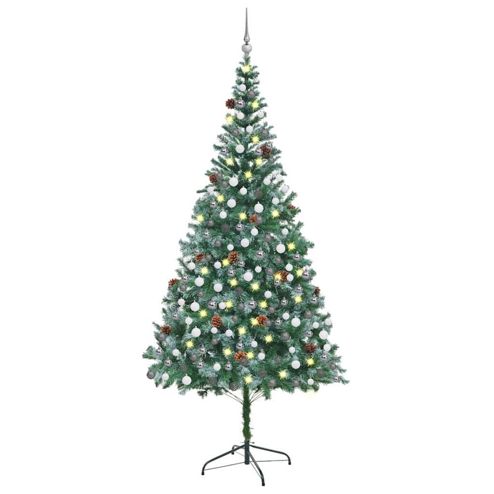 Grand sapin de noël artificiel givré avec led pommes de pin et boules 210 cm