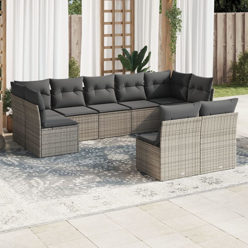 Salon de jardin 9 pcs avec coussins gris résine tressée