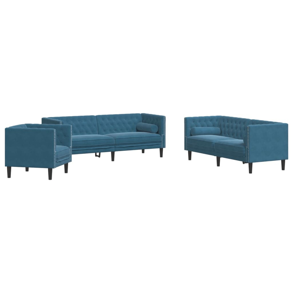 Ensemble de canapé chesterfield et traversins 3pcs bleu velours