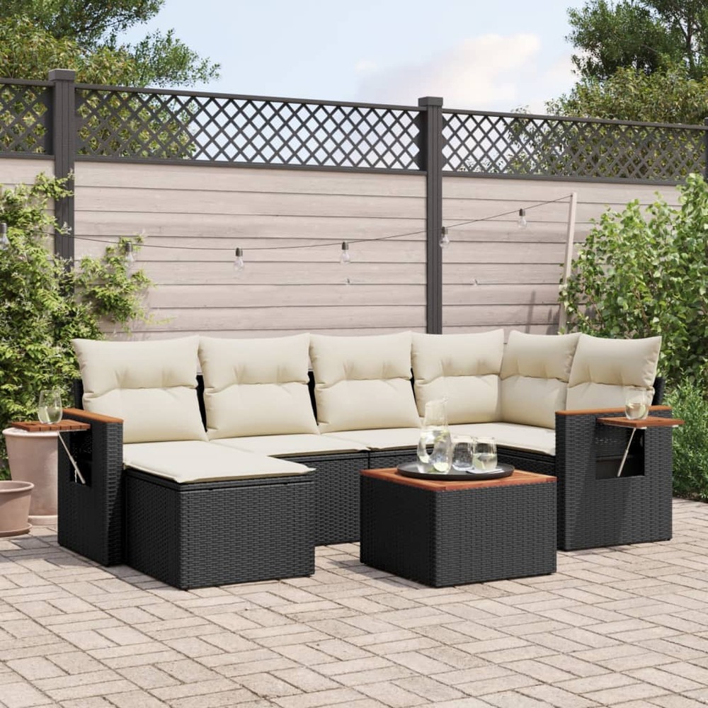 Salon de jardin 7 pcs avec coussins noir résine tressée