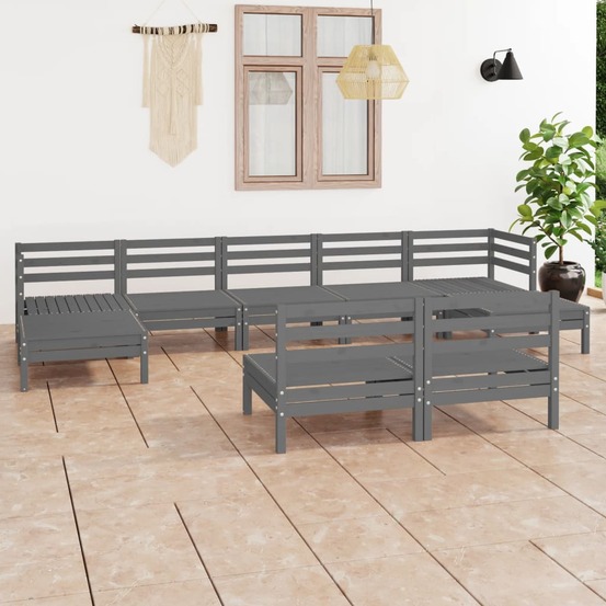 Salon de jardin 9 pcs gris bois de pin massif