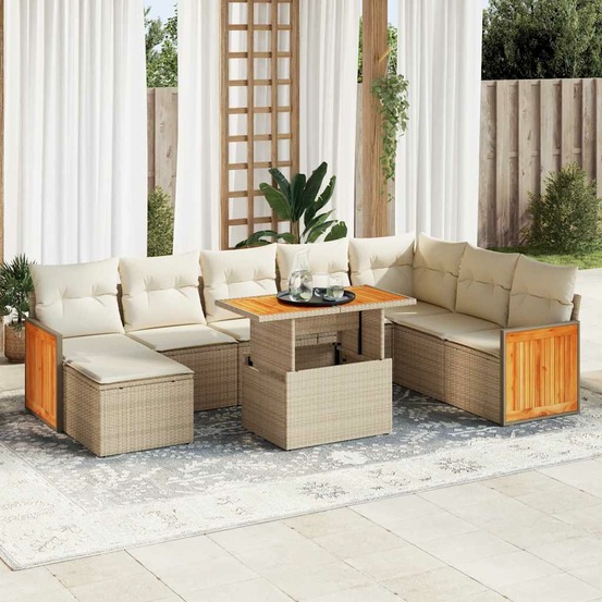 Salon de jardin avec coussins 9 pcs beige résine tressée acacia