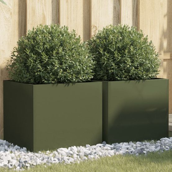 Lot de 2 jardinières vert olive en acier pour jardin et balcon 42cm