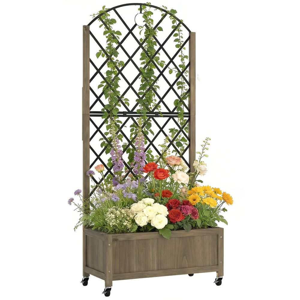 Jardinière sur roulettes en bois avec treillis métal pour plantes grimpantes 168 cm carbonisé