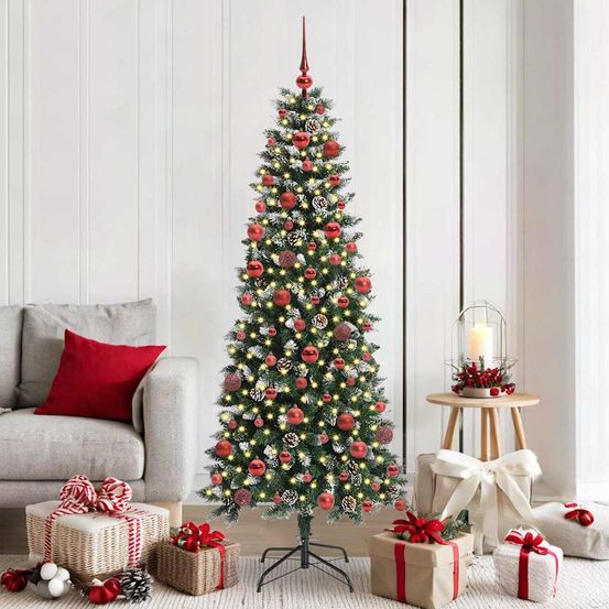Sapin de noël pvc 180 cm enneigé, kit décoration complet avec 300 led par usb