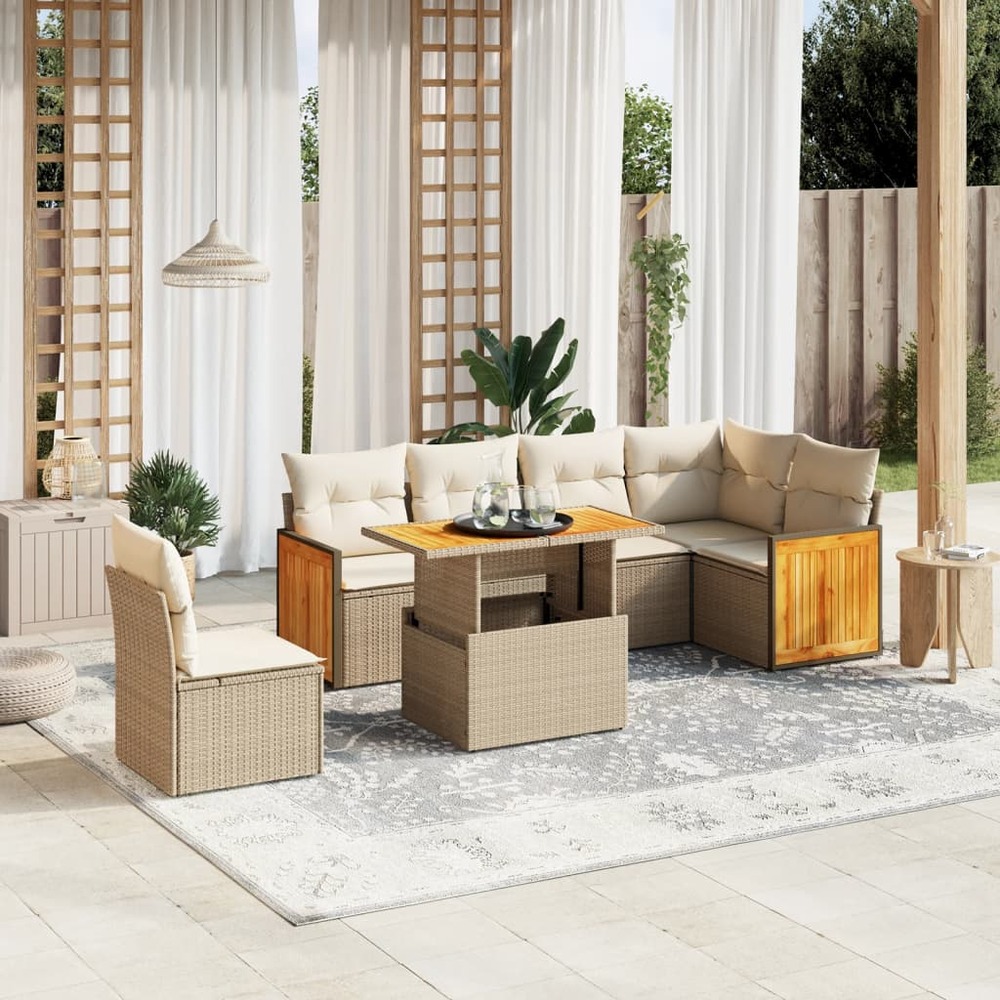 Salon de jardin avec coussins 7 pcs beige résine tressée