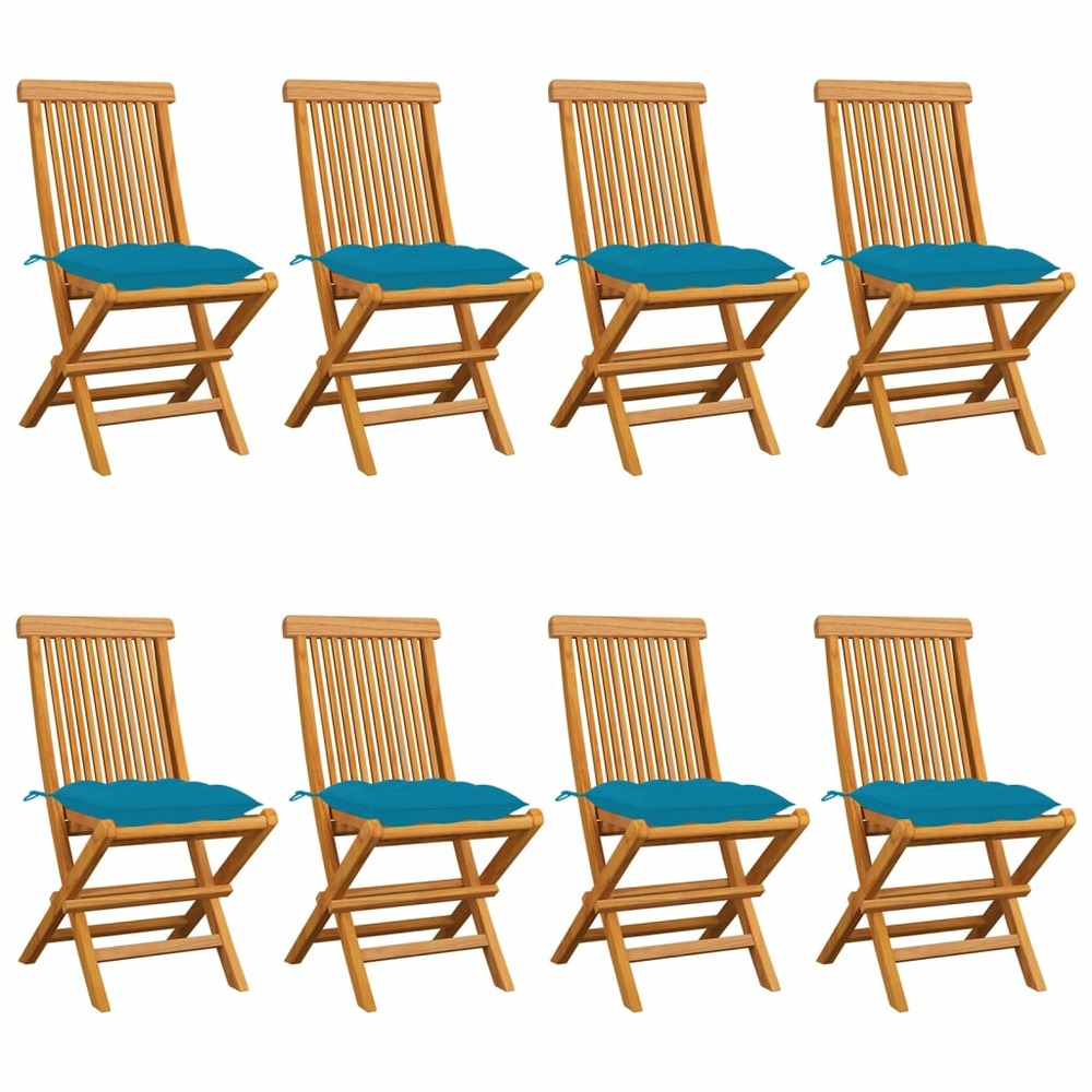 Chaises de jardin avec coussins bleu clair lot de 8 teck massif