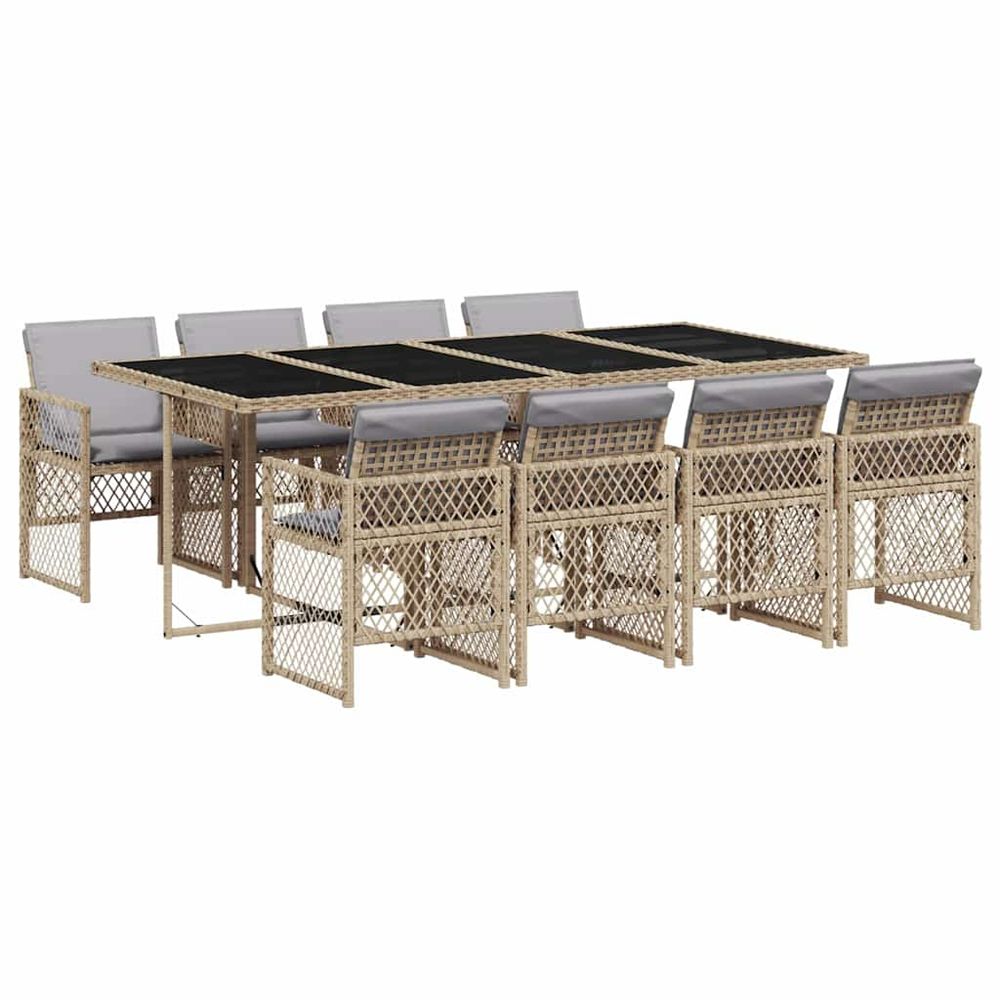 Ensemble à manger de jardin et coussins 9 pcs beige poly rotin