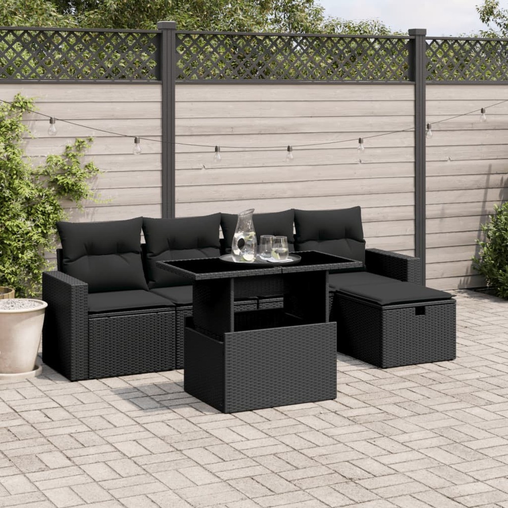 Salon de jardin 6 pcs avec coussins noir résine tressée
