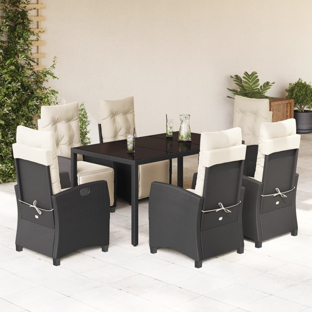 Ensemble à manger de jardin coussins 7pcs noir résine tressée