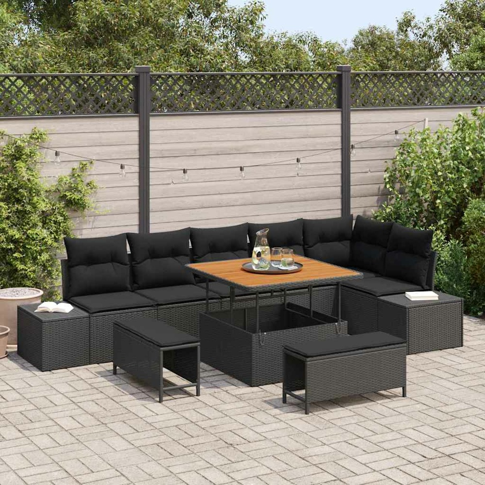 Ensemble de canapé de jardin avec coussin 9 pcs noir polyrotin