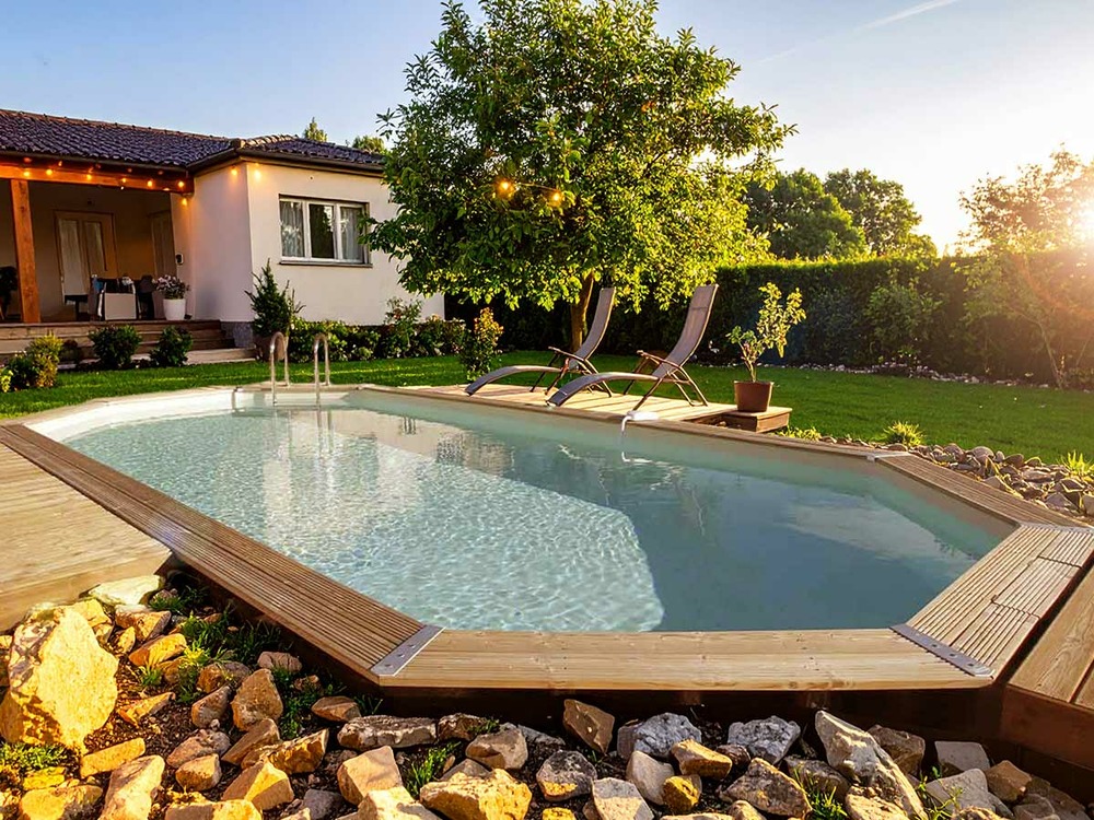 Piscine bois azura 6,10 x 4,00 x 1,20 m - liner beige