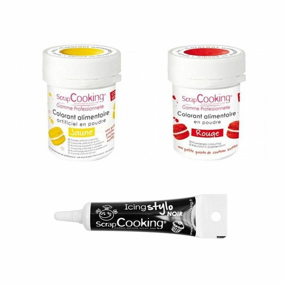 2 colorants alimentaires rouge-jaune + stylo glaçage noir