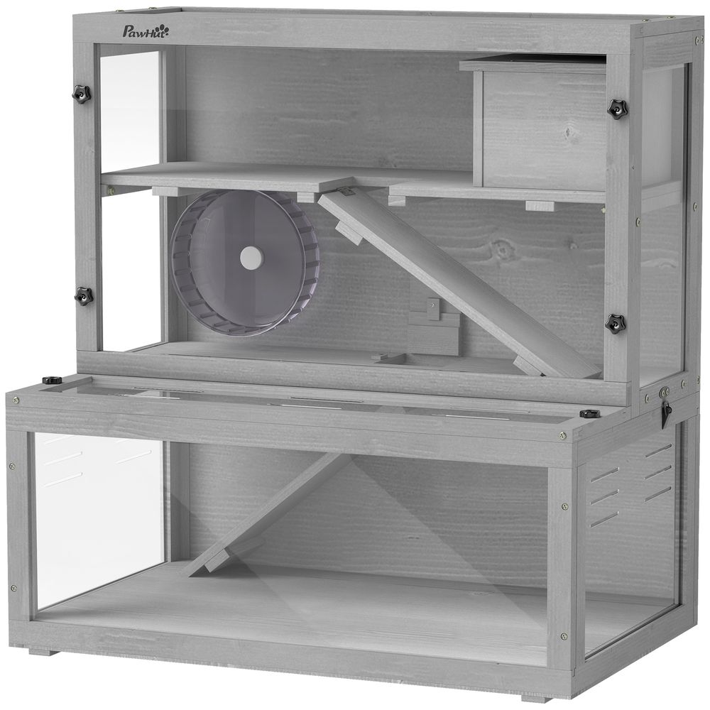Cage hamster et petits rongeurs bois de sapin 80x50x84 cm grise habitat 3 niveaux