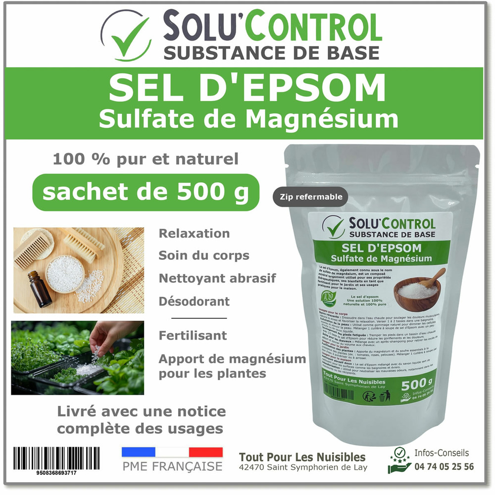 Sel d'epsom 500 g - solu'control - soin du corps, fertilisation et apport en magnésium pour plantes 100 % naturel
