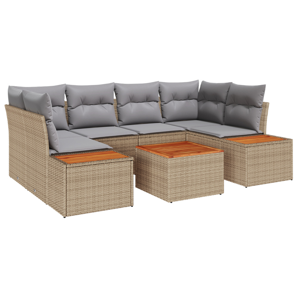 Set de canapé de jardin 7 pièces avec coussins beige poly rattan acacia