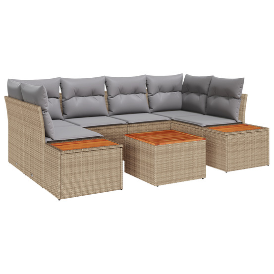 Set de canapé de jardin 7 pièces avec coussins beige poly rattan acacia
