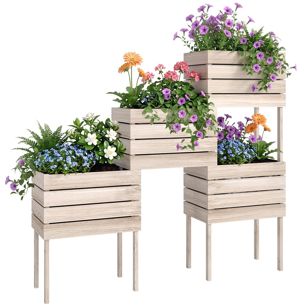 Lot 4 bacs à plantes modulables bois massif surélevés extérieur intérieur 50x30x60cm naturel