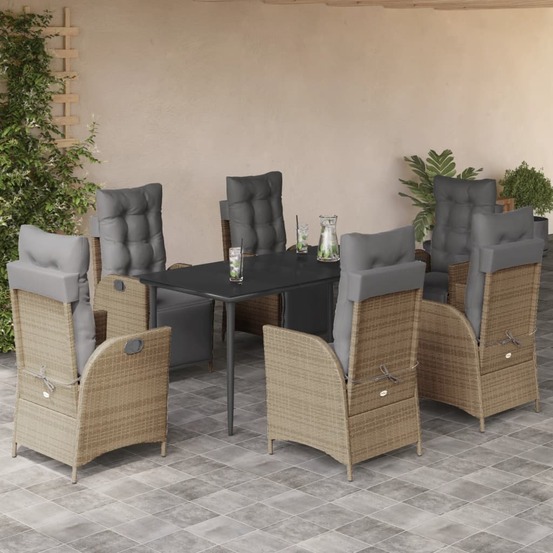 Ensemble à manger de jardin coussins 7 pcs mélange beige rotin