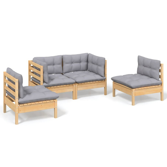 Salon de jardin 4 pcs avec coussins gris bois de pin massif