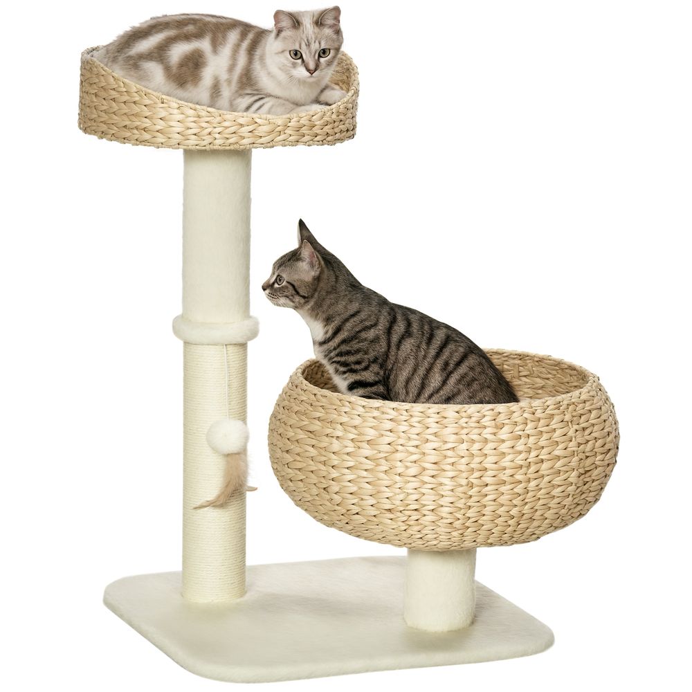 Arbre à chat cosy 2 niveaux avec niche en quenouille tressée et coussin 72 cm beige