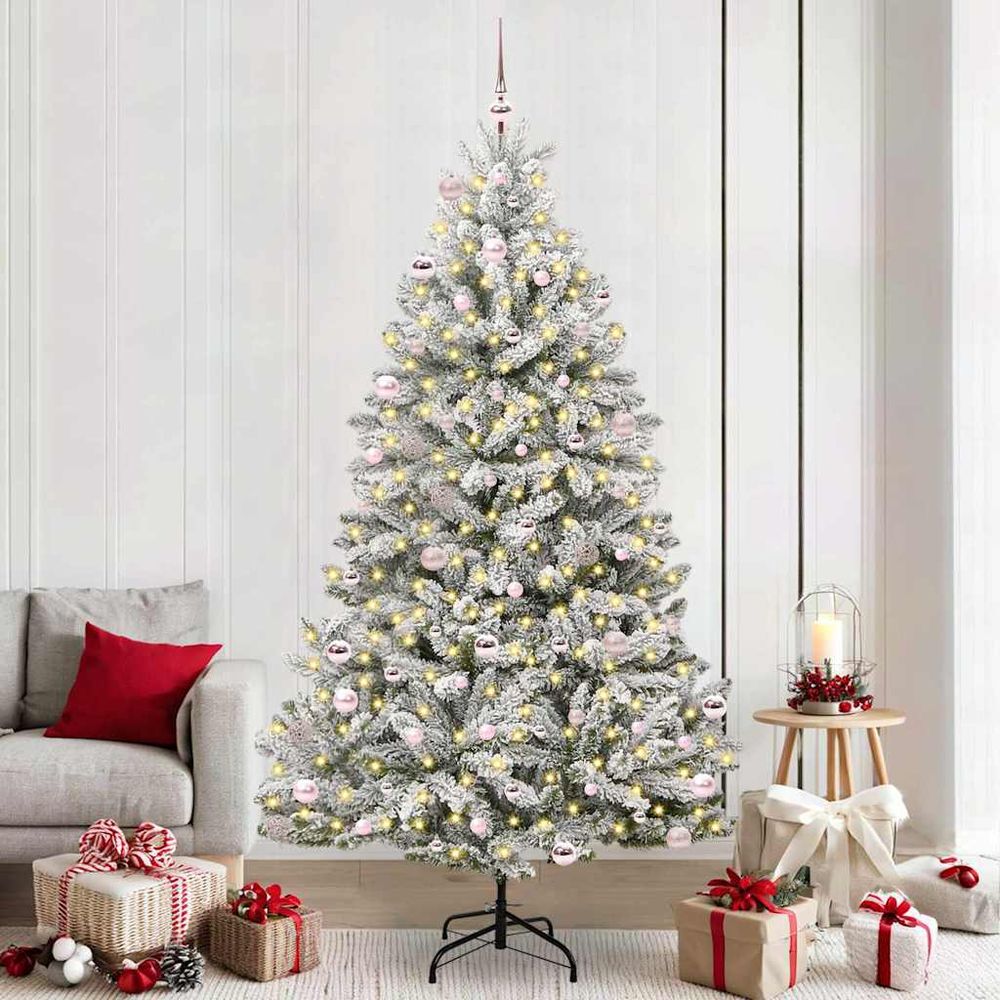 Sapin de noël géant 240 cm floqué, lumineux avec 8 effets et 120 boules
