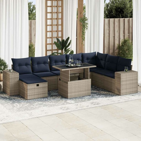 Salon de jardin avec coussins 9pcs marron résine tressée acacia