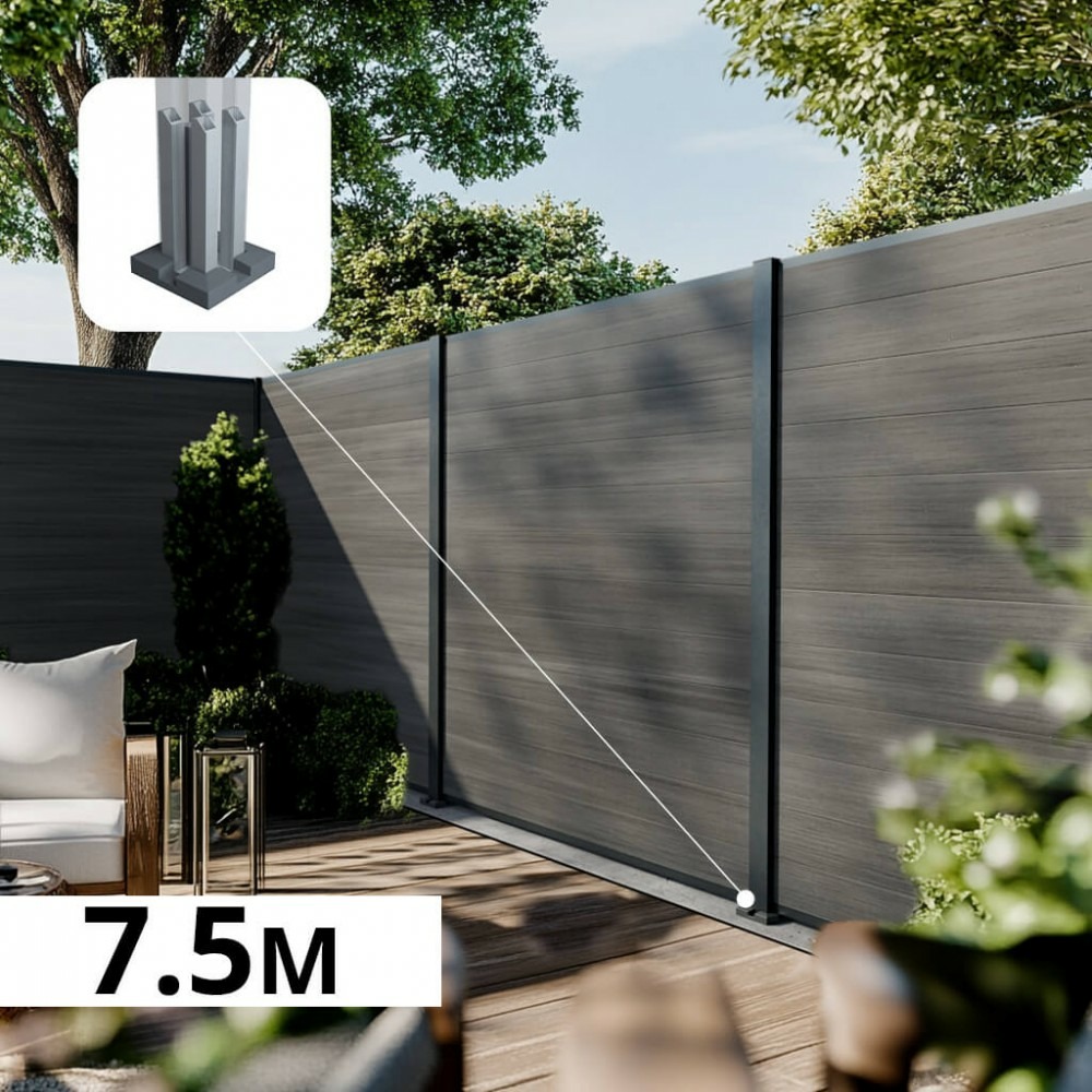 Kit clôture composite cruz ardoise 7,5x1,8m - bois composite & aluminium - poteaux sur platines gris - brise vue - palissade