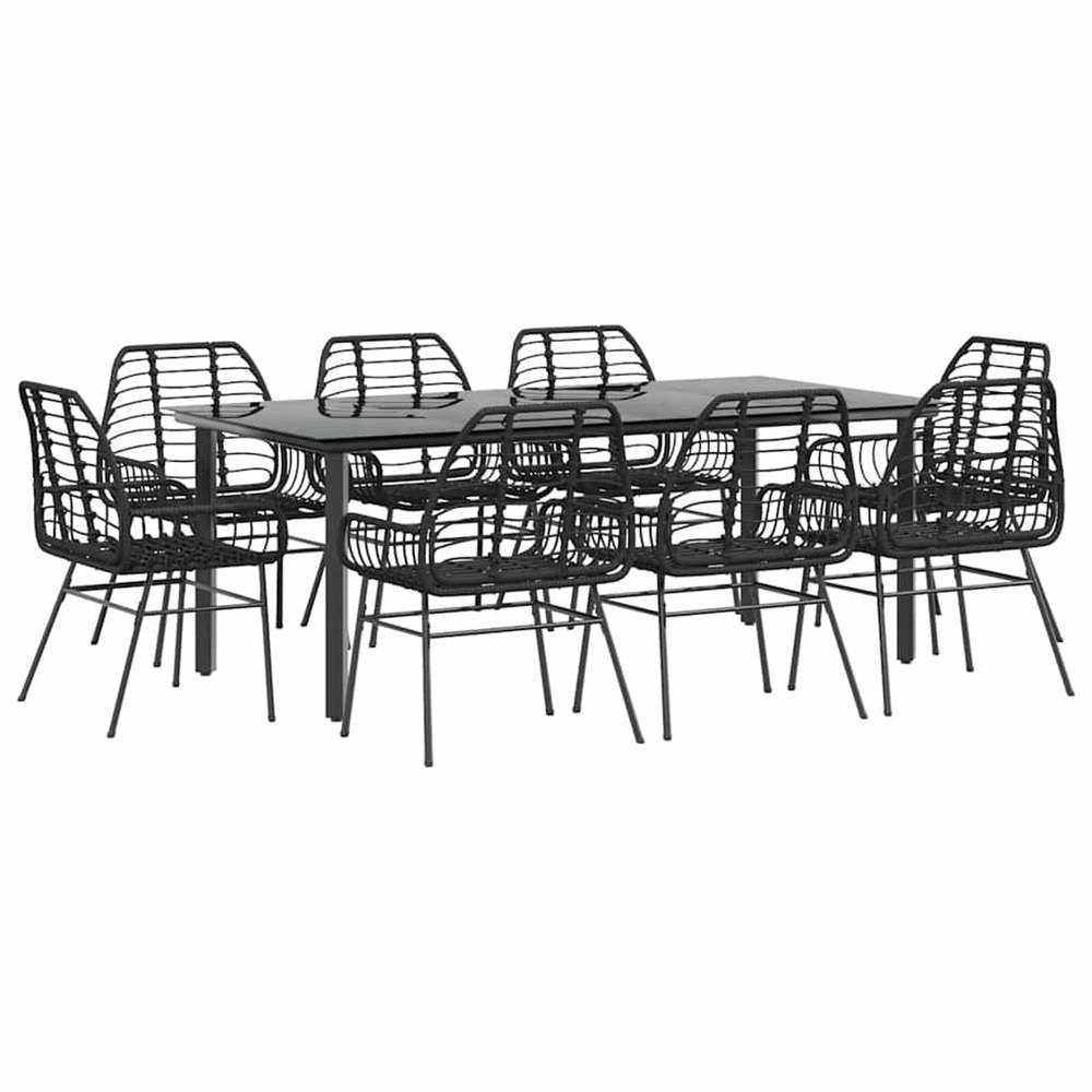 Ensemble à manger de jardin 9pcs noir poly rotin verre