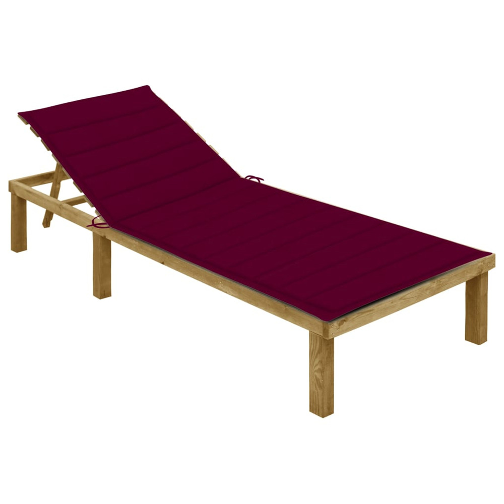 Chaise longue avec coussin bordeaux bois de pin imprégné bain de soleil