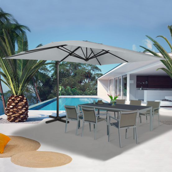 Parasol déporté inclinable rotatif 360 calvi gris clair 3x4 m avec housse