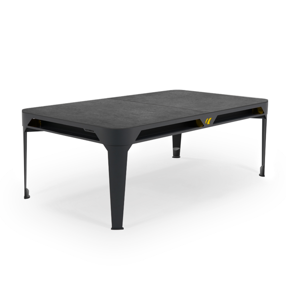Billard d'extérieur convertible hyphen outdoor noir / tapis gris clair / réceptacles : moutarde / plateaux : décor minéral