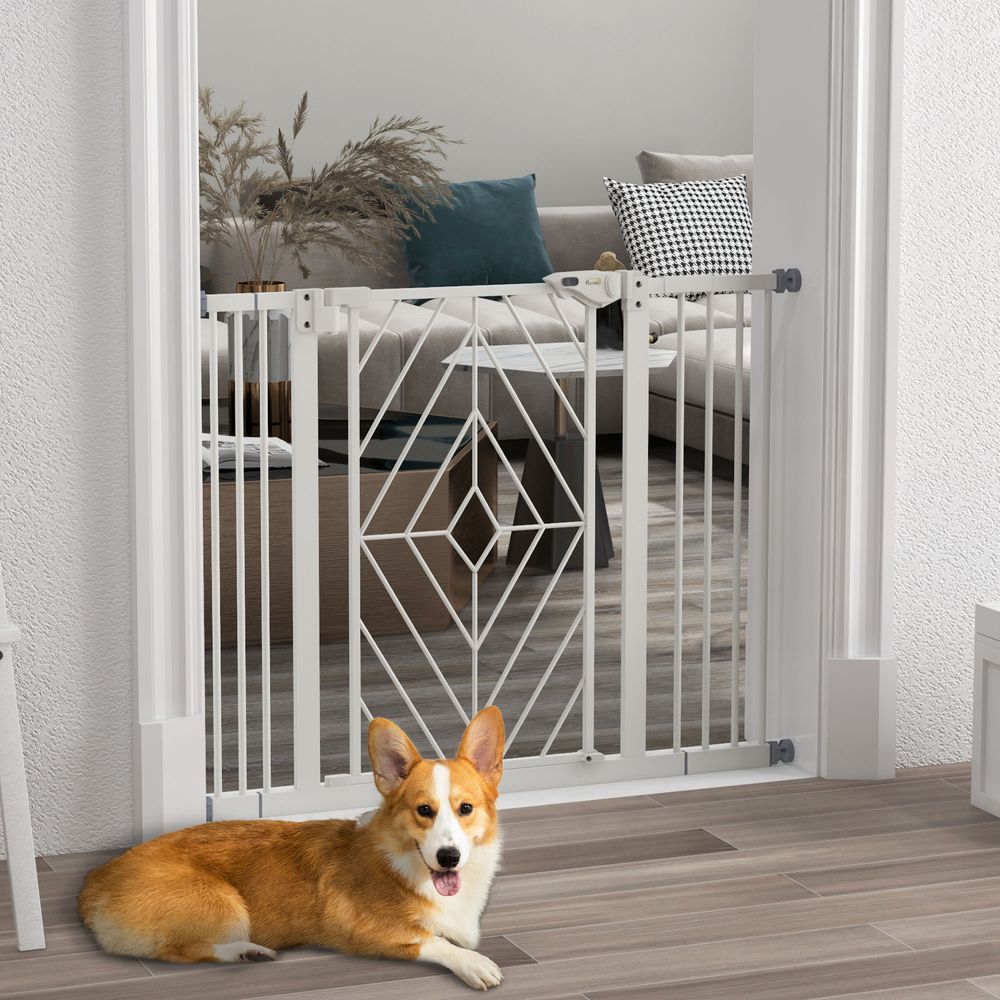 Barrière sécurité acier chien escalier sans perçage fermeture auto 74-100cm blanc