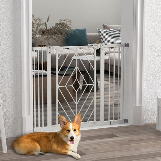 Barrière sécurité acier chien escalier sans perçage fermeture auto 74-100cm blanc