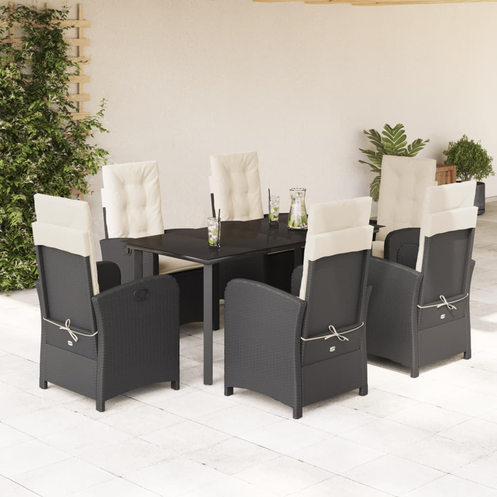 Ensemble à manger de jardin coussins 7pcs noir résine tressée