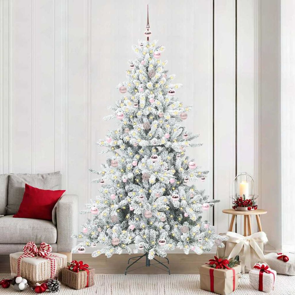 Kit sapin de noël blanc 210 cm prêt à installer, 300 lumières led et 120 boules incluses