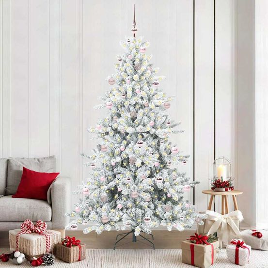 Kit sapin de noël blanc 210 cm prêt à installer, 300 lumières led et 120 boules incluses