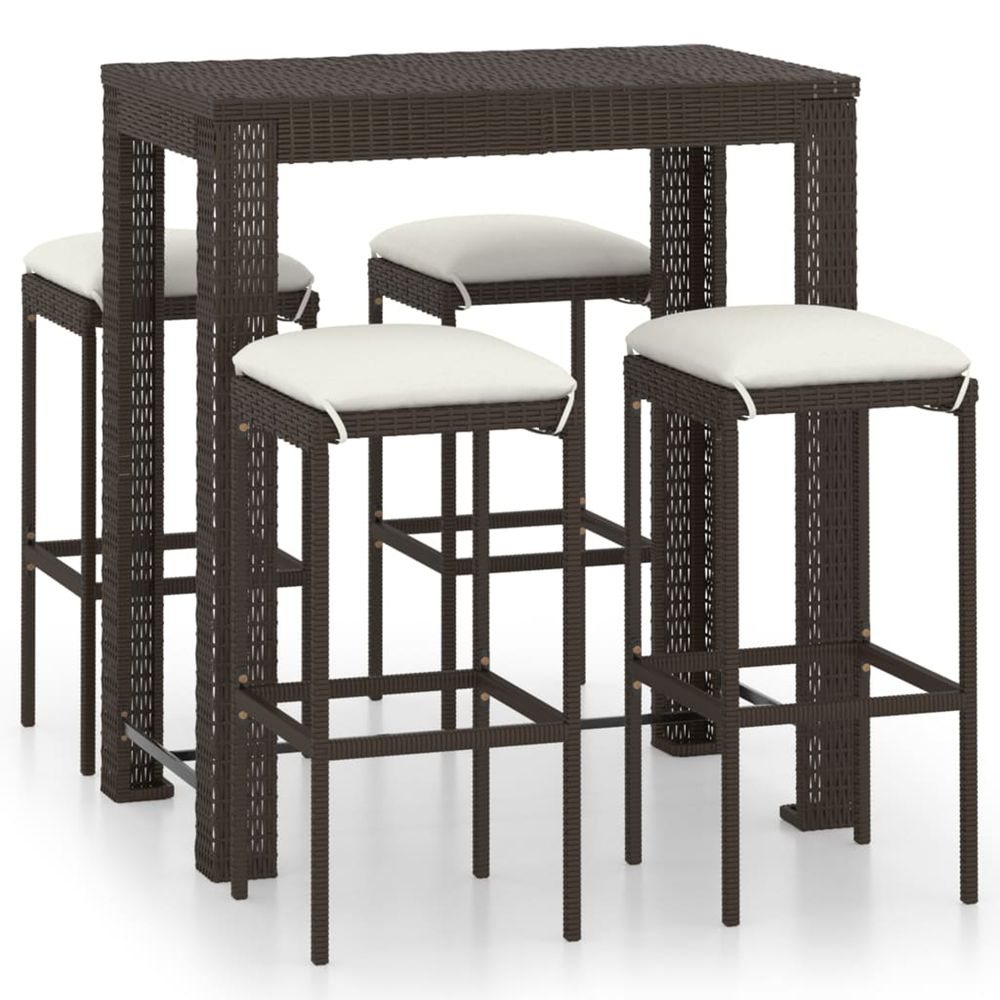 Meuble de bar de jardin 5 pcs et coussins résine tressée marron
