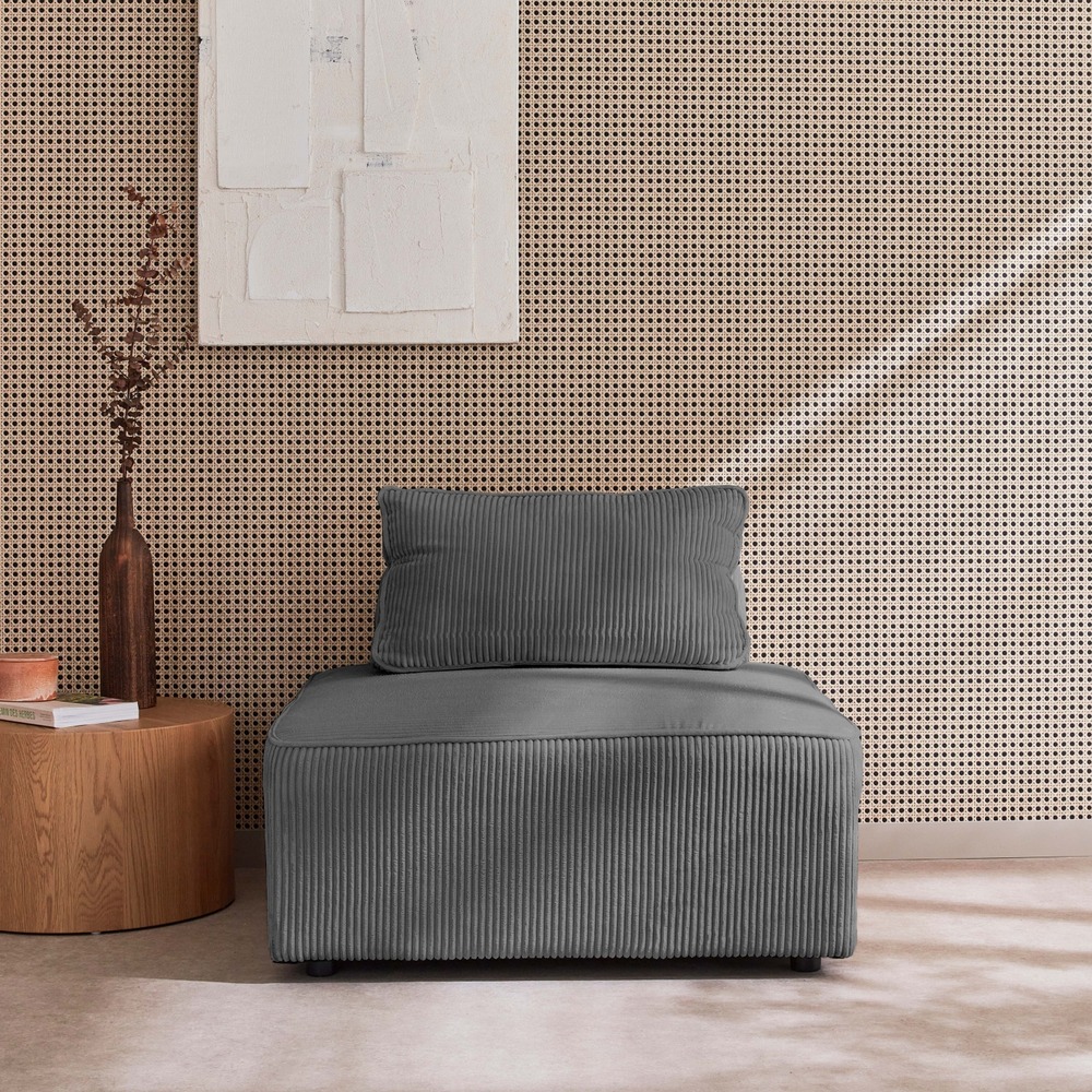 Chauffeuse pour canapé modulable velours côtelé gris avec un coussin