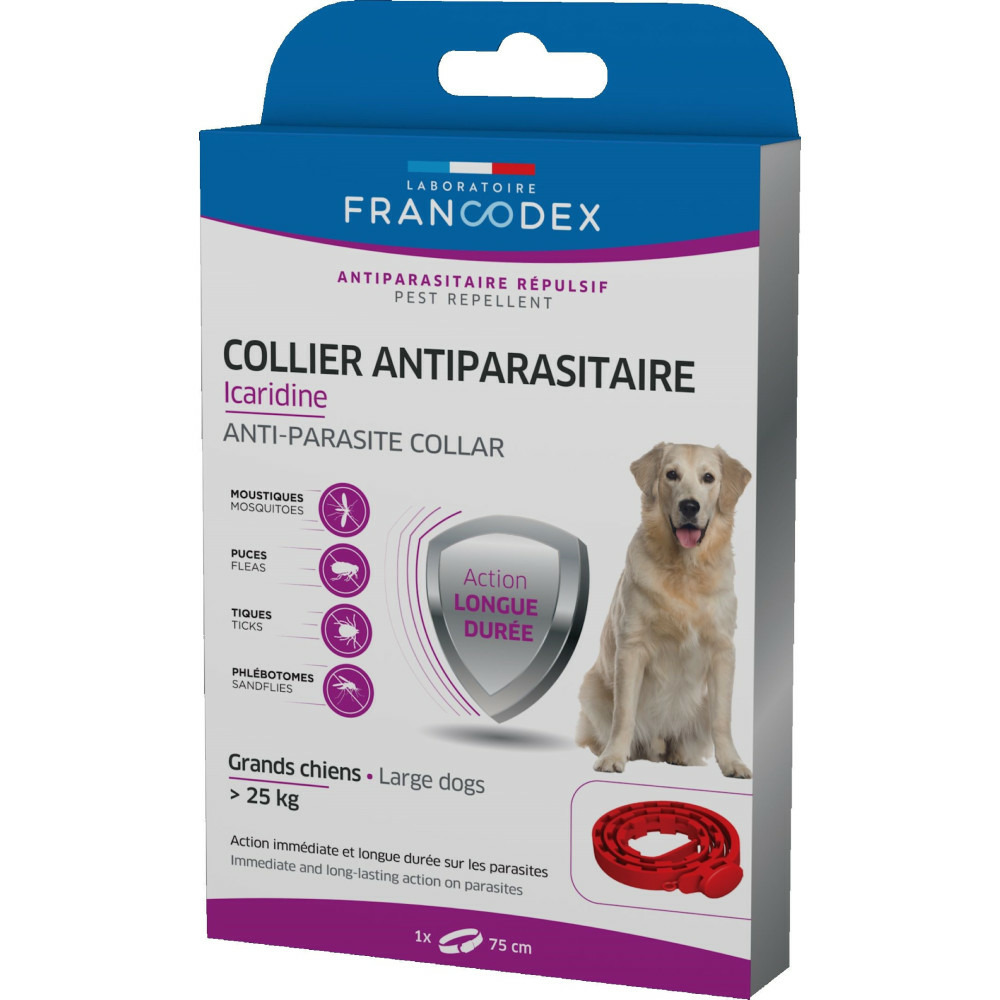 Collier antiparasitaire icaridine 75 cm rouge pour chien plus de 25 kg