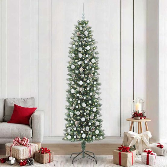 Sapin de noël artificiel floqué blanc 240 cm, type slim avec 300 led blanc chaud et décorations